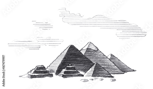 Great Pyramids of Egypt, Graphic linear tonal drawing by slate pencil.  Isolated on white background