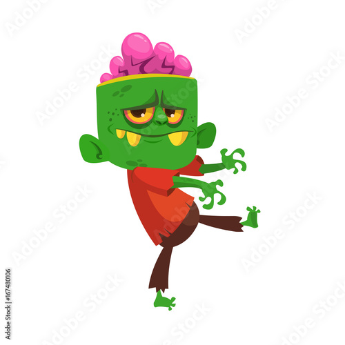 Cartoon funny green zombie  on a light gray background. Halloween vector illustration of zombie monster.