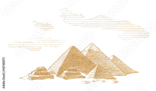 Great Pyramids of Egypt, Graphic linear tonal drawing by sepia, toned paper. Isolated on white background
