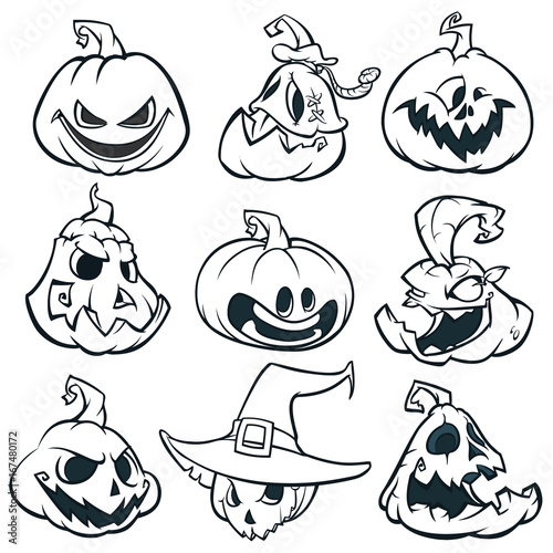 Cartoon spooky Jack O' Lantern pumpkins set outlined. Halloween vector illustration.