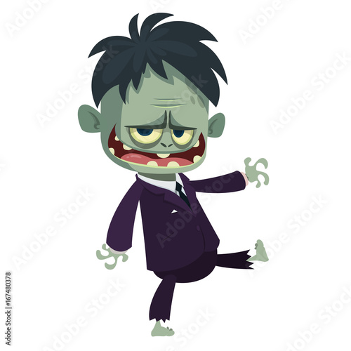 Vector cartoon image of a funny zombie with big head business suit isolated on a light gray background. Halloween vector illustration.