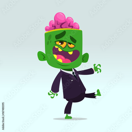 Vector cartoon funny green zombie with big head business suit isolated on a light gray background. Halloween vector illustration.