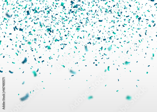 Blue confetti falling randomly. Abstract background with flying particles. Vector illustration can be used for greeting card, carnival, celebration.