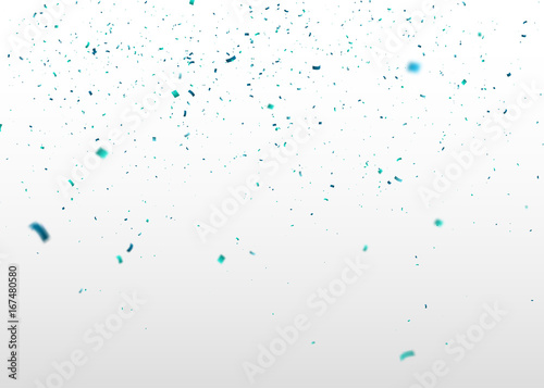 Blue confetti falling randomly. Abstract background with flying particles. Vector illustration can be used for greeting card, carnival, celebration.