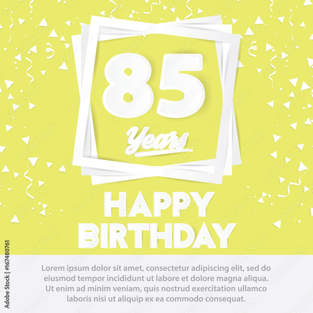 Naklejka premium 85 th birthday celebration greeting card paper art style design, birthday invitation poster background with confetti. eighty five anniversary celebrations yellow color
