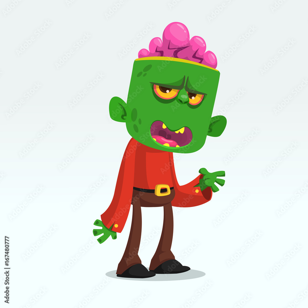 Fototapeta premium Cartoon funny green zombie growling. Halloween vector illustration of monster