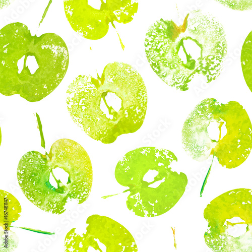Green halved apples painted watercolor, textured prints. Summer seamless pattern with imprints of apples. Handmade stamp fruits. Vector background