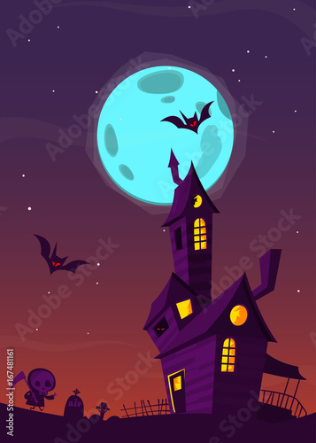 Spooky old haunted house with ghosts. Halloween cartoon background. Vector illustration