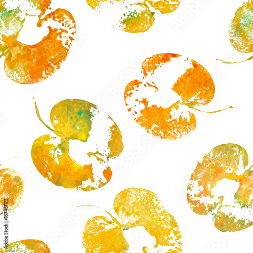 Orange halved apples painted watercolor, textured prints. Summer seamless pattern with imprints of apples. Handmade stamp fruits. Vector background