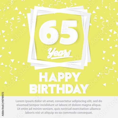 65 th birthday celebration greeting card paper art style design, birthday invitation poster background with confetti. sixty five anniversary celebrations yellow color