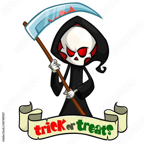 Cute cartoon grim reaper with scythe isolated on white. Cute Halloween skeleton death character icon