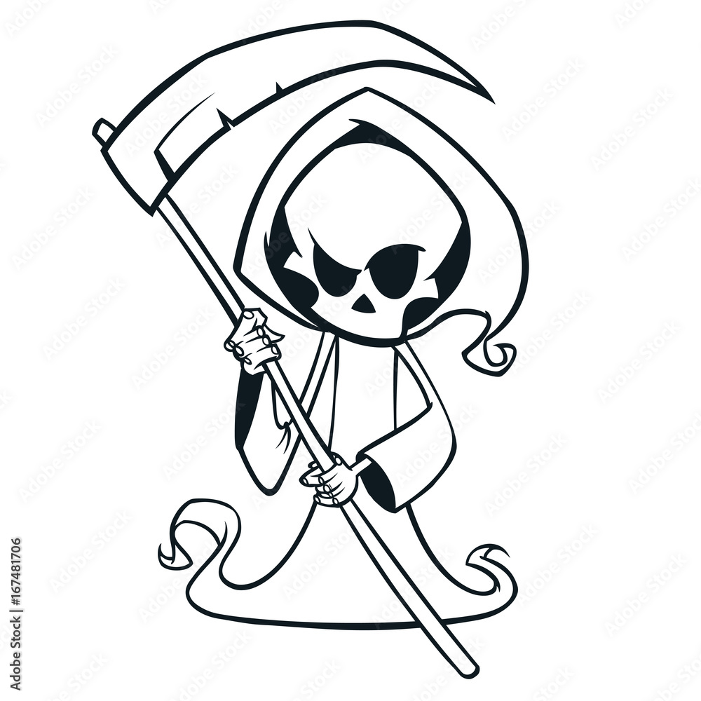 Cute cartoon grim reaper with scythe isolated on white. Cute Halloween ...