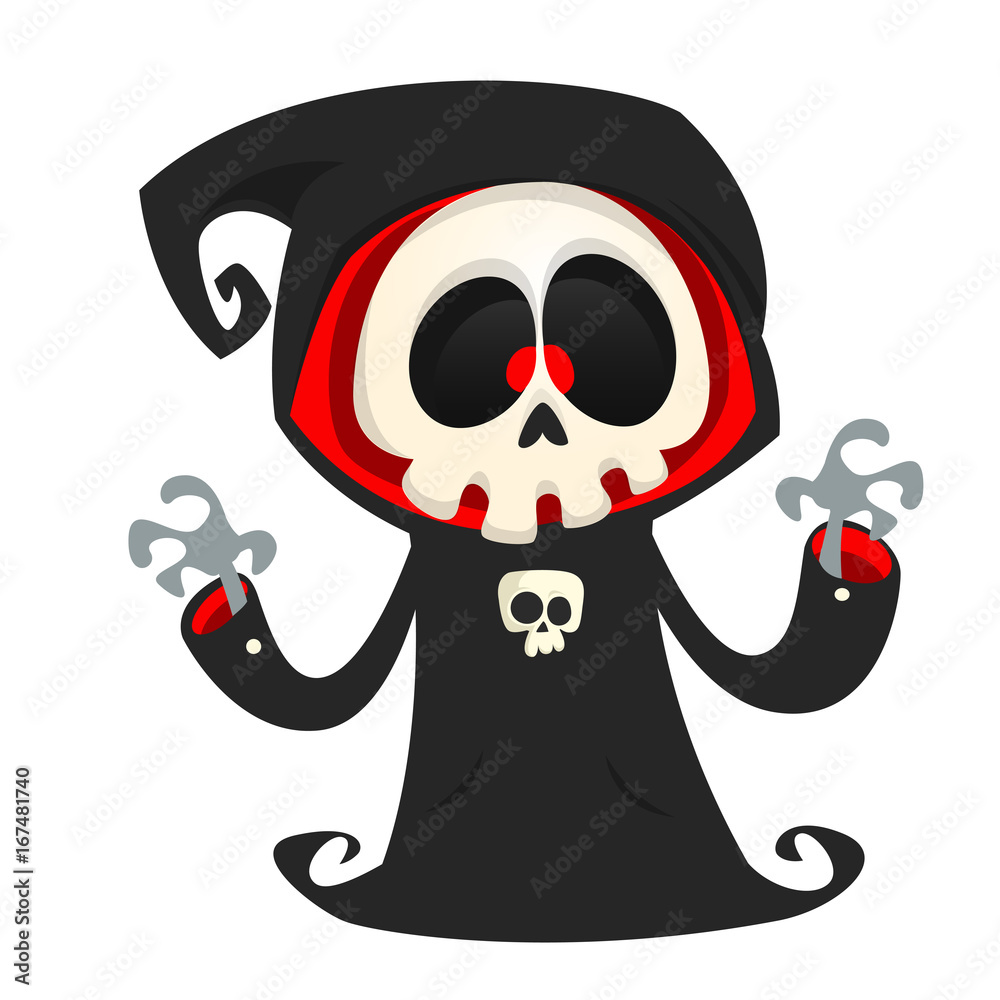 Grim reaper cartoon character isolated on a white background. Cute death  character in black hood Stock Vector | Adobe Stock