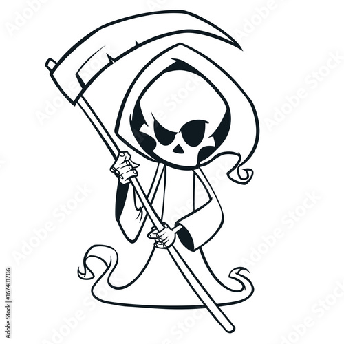Cute cartoon grim reaper with scythe isolated on white. Cute Halloween skeleton death character outlines. Line art for coloring book