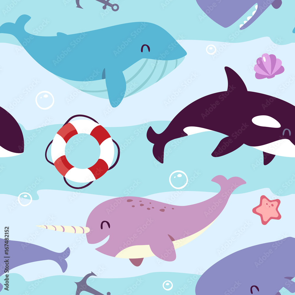 Naklejka premium vector blue whale, sperm whale, narwhal and killer whale seamless pattern