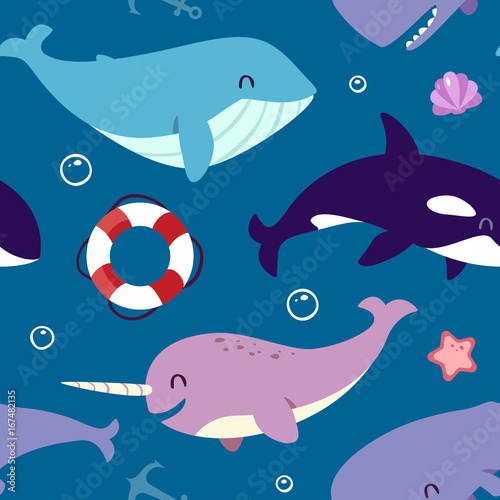 vector blue whale, sperm whale, narwhal and killer whale seamless pattern