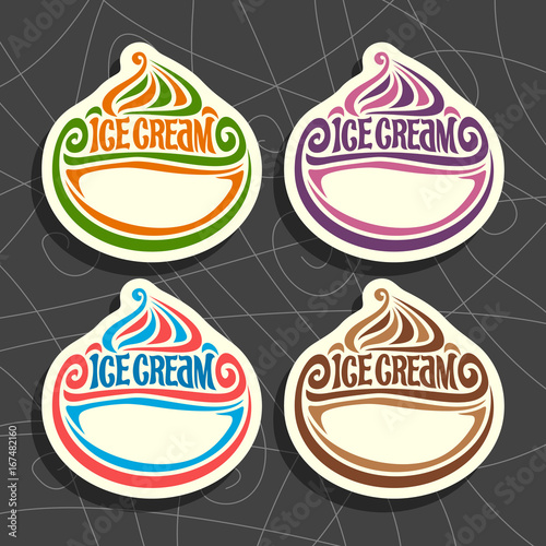 Vector set of Ice Cream Labels: 4 price tags with copy space for ice cream sale info, colorful vintage signs with lettering title - ice cream with white blank background, icons for cold italian gelato