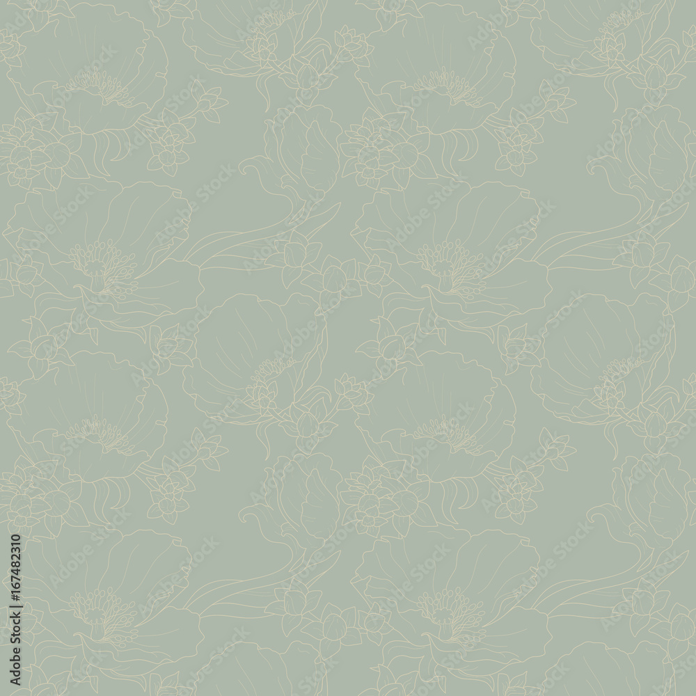 seamless floral ornament with poppies and buds painted outline in retro color