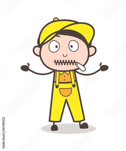 Cartoon Helpless Boy Zipper-Mouth Face Vector Illustration