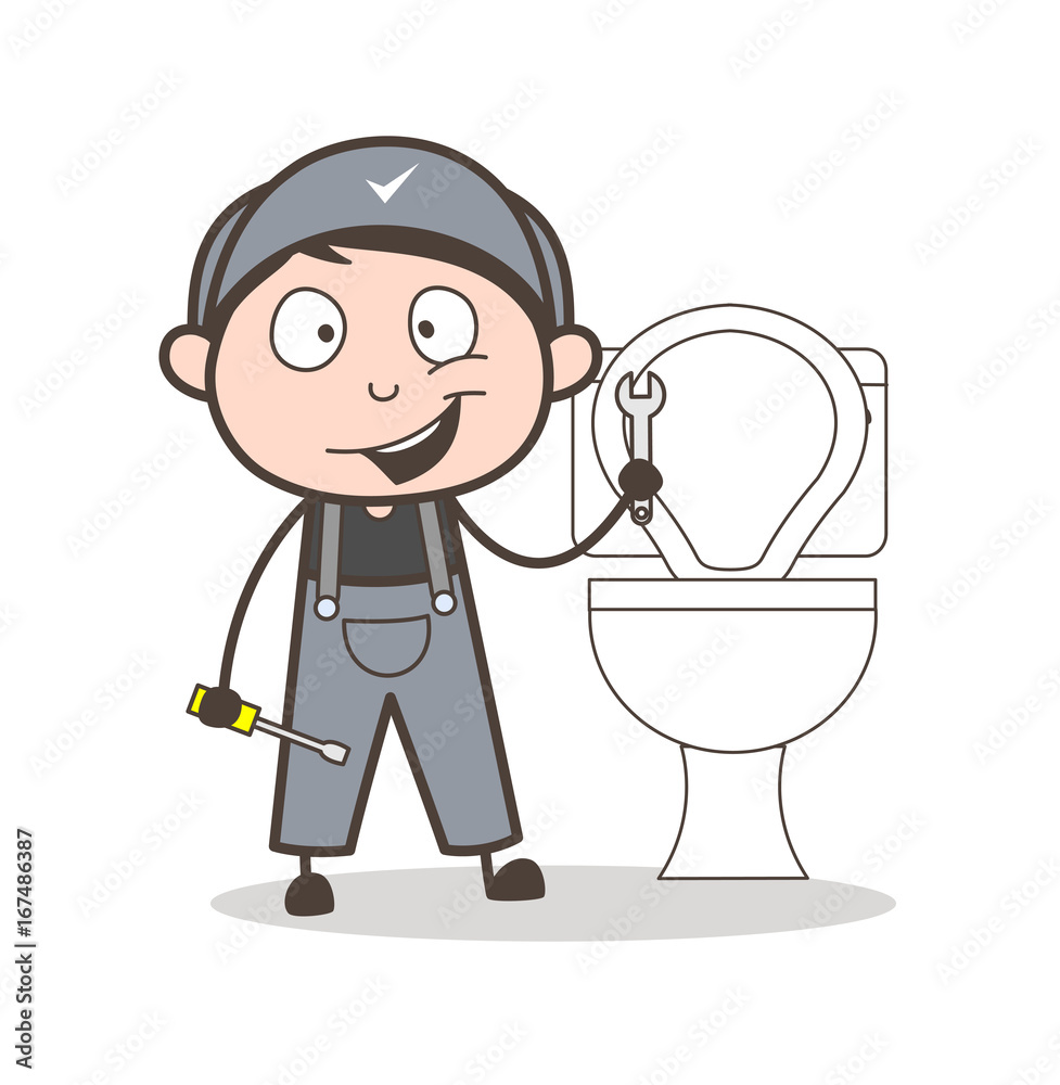 Fototapeta premium Cartoon Mechanic Repairing Toilet Seat Vector Illustration