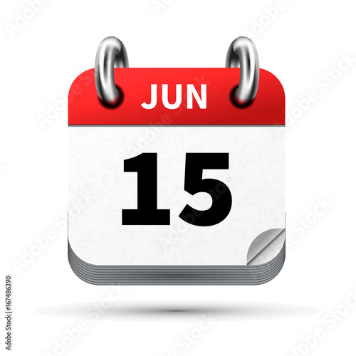 Bright realistic icon of calendar with 15 june date isolated on white