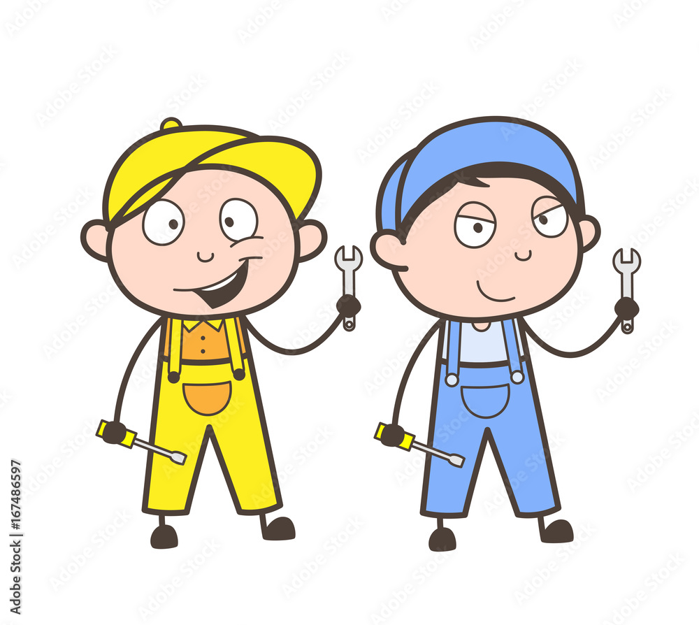 Cartoon Workers with Adjustment Tools Vector Illustration Cartoon Workers with Adjustment Tools Vector Illustration