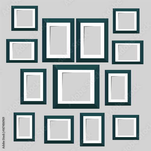 Wall picture frame templates isolated on white background. Blank photo frames with shadow and borders vector illustration. Empty frame for photo or image picture in museum