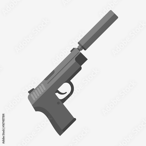 Gun with silencer isolated on white background. Automatic pistol flat style vector illustration.