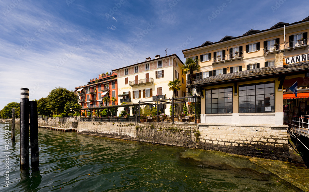 The pier and houses of Cannero Riviera - Cannero Riviera , Lake Maggiore, Lombardy, Italy, Europe