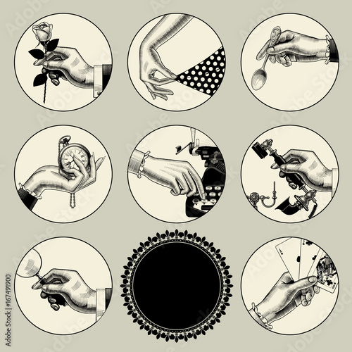 Set of round images in vintage engraving style with body parts and accessories