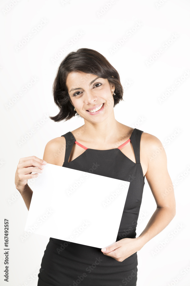 Beautiful young woman holding a blank sheet of paper Beautiful young woman holding a blank sheet of paper