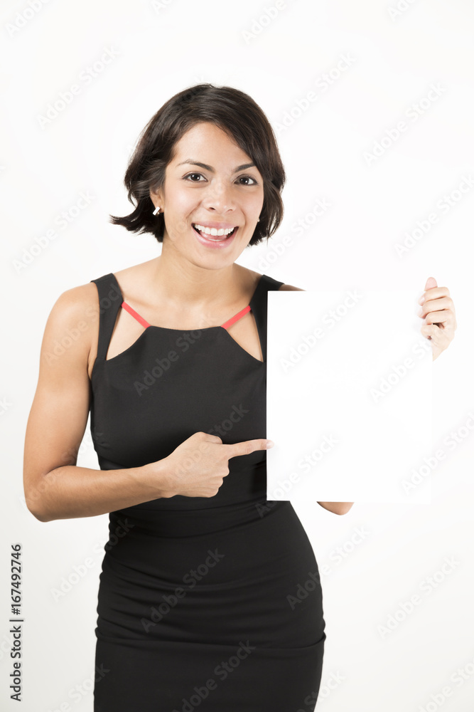 Beautiful young woman holding a blank sheet of paper Beautiful young woman holding a blank sheet of paper