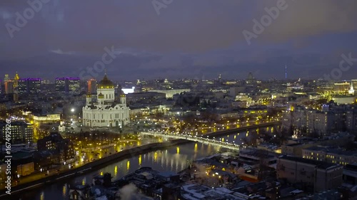 Night view of the Moscow city center, Kremlin and Cathedral of Christ the Saviour, aerial shot 4k
