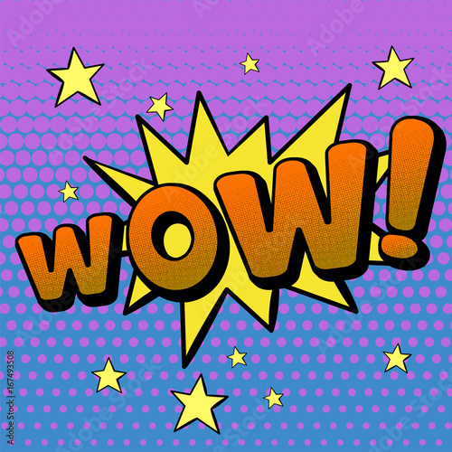 Vector illustration in a retro pop art style. WOW text on a dot colored background.