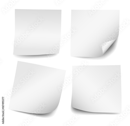 Set of four realistic blank vector white post it notes isolated on white background