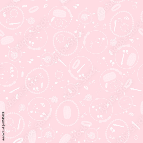 Jewelry, set, luxury collection, seamless pattern. Vector design isolated illustration. White images, pink background. photo