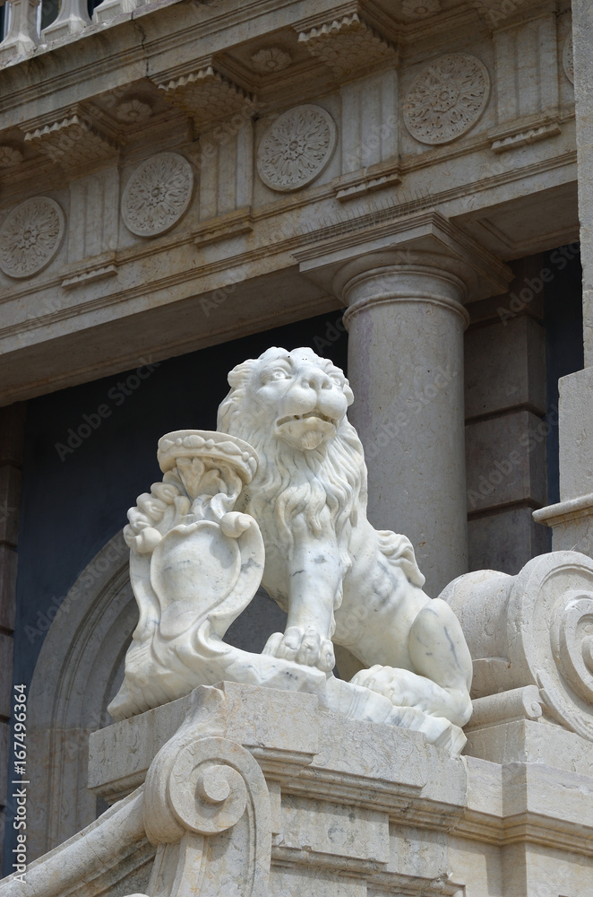 The National Palace of Queluz, Portugal. Lion sculpture