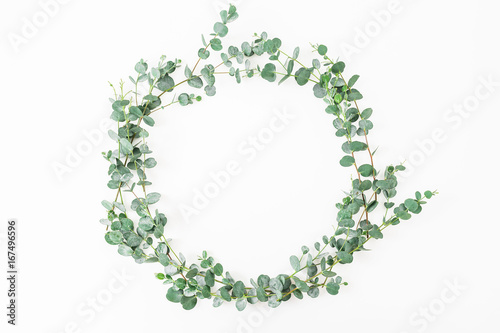 Floral round frame made of eucalyptus branches on white background. Flat lay, top view