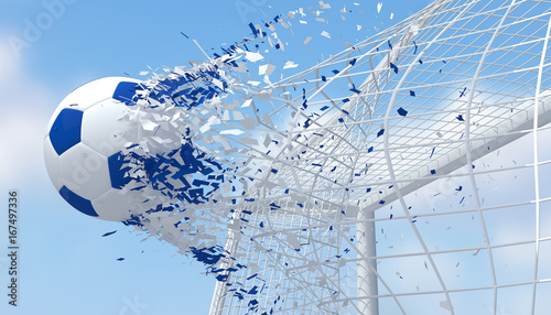 Fast football blue and white color shooting Goal with blurred blue sky background.3D Rendering 
