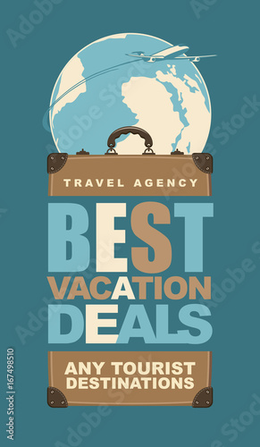 Vector banner with a travel suitcase and the words Best vacation deals the backdrop of the planet earth and passenger plane