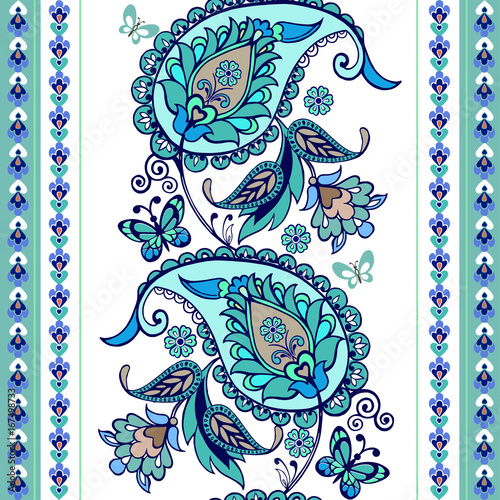 Turquoise oriental seamless paisley pattern. Floral wallpaper. Decorative ornament for fabric, textile, wrapping paper. Traditional oriental seamless paisley pattern