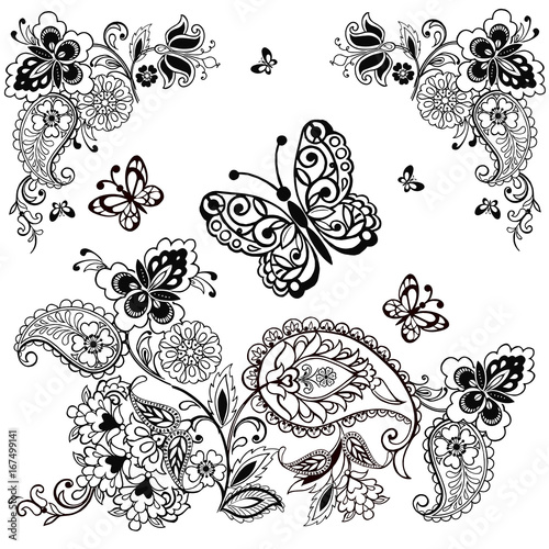 Ornament with paisley and butterflies for antistress coloring. Fantastic flowers and butterflies isolated on white