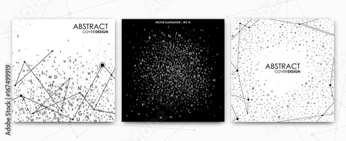Set layouts of brochures, templates. Abstract black and white backgrounds for cover design, magazine, flyer. Cards with pattern of chaotic letters. Vector illustration