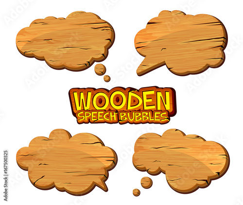 Set of wooden speech bubbles and dialog balloons in comic book style. Cartoon wood banners with place for text can be used for game design, ui development, banners, signboard.