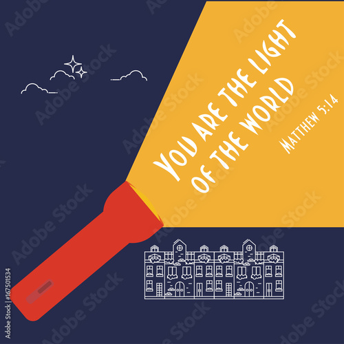 Vector illustration for Christian Community with a quote from Bible, Matthew 5:14: You are the light of the world. Gospel citation of Jesus words is great for sermon, oration, lecture, christian talk.