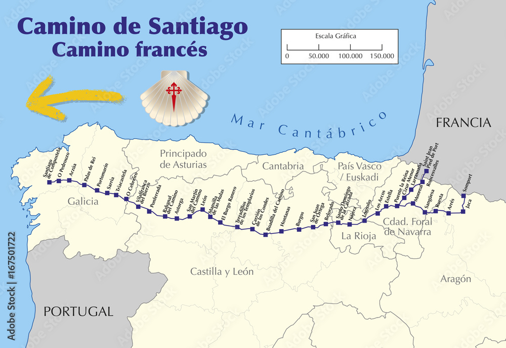 map of Camino de Santiago french route vector Stock Vector | Adobe Stock