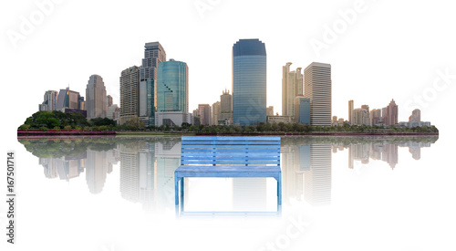 blue wood bench and high modern building city in central city at morning with water reflection isolated on white.