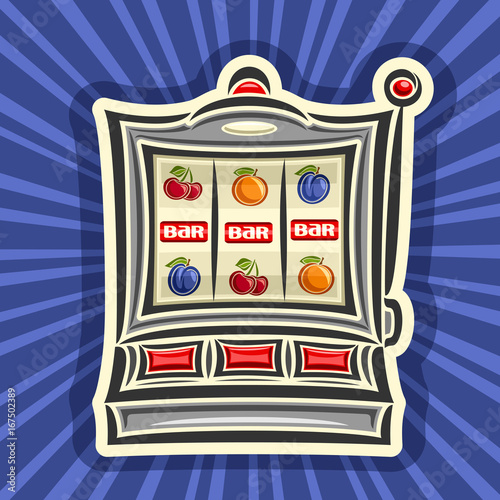 Vector poster for Slot Machine: gambling logo for online casino on blue rays of light background, gamble sign with isolated retro slot machine, on reel: lucky symbol of jackpot 3 bar in a row & fruits