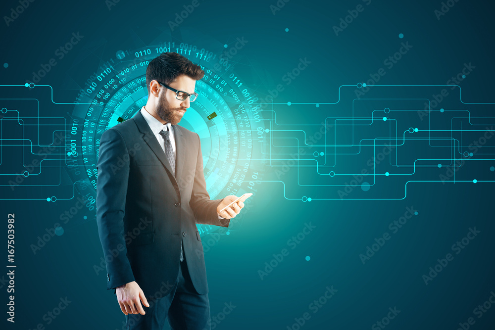 Man using smartphone with hologram Man using smartphone with hologram