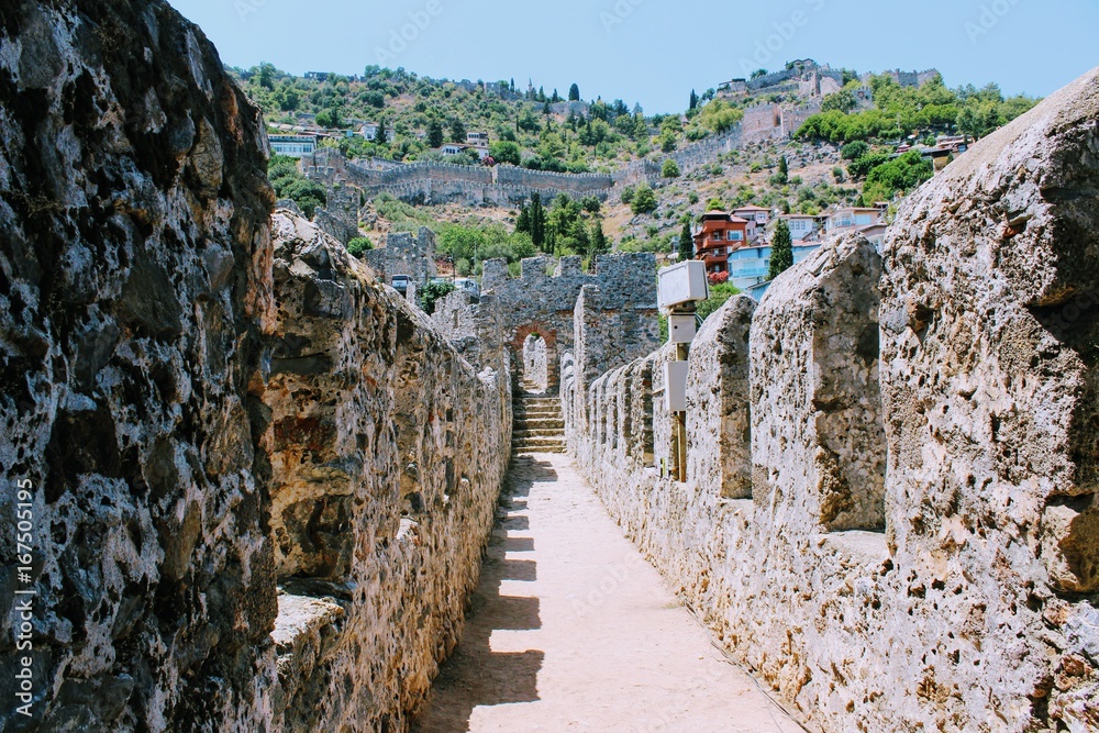 Fortress wall of the Alanya castle in the Old Town (Alanya, Turkey).